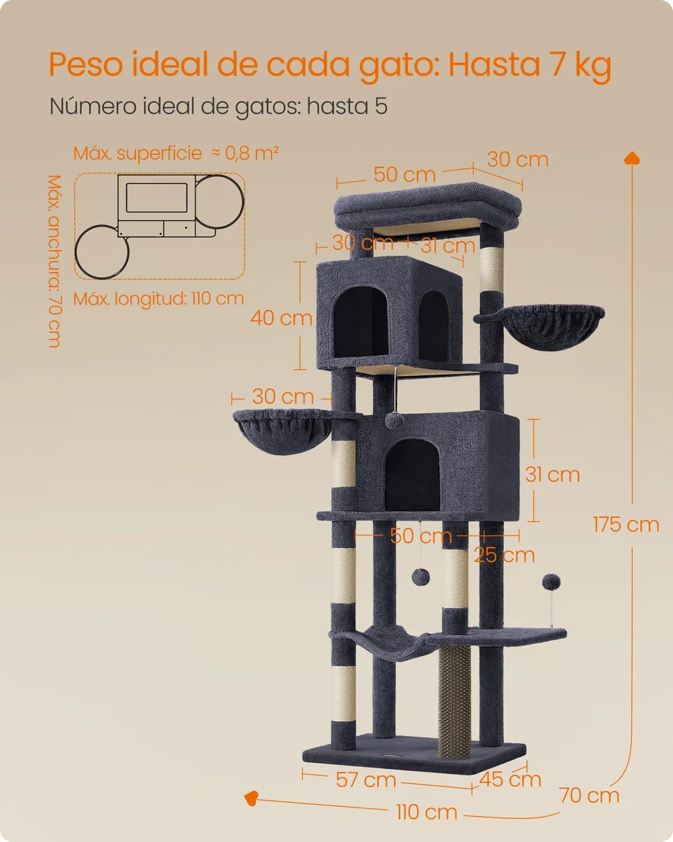 Feandrea Árbol multinivel 174 cm (2 cuevas + hamaca) — imagen 7
