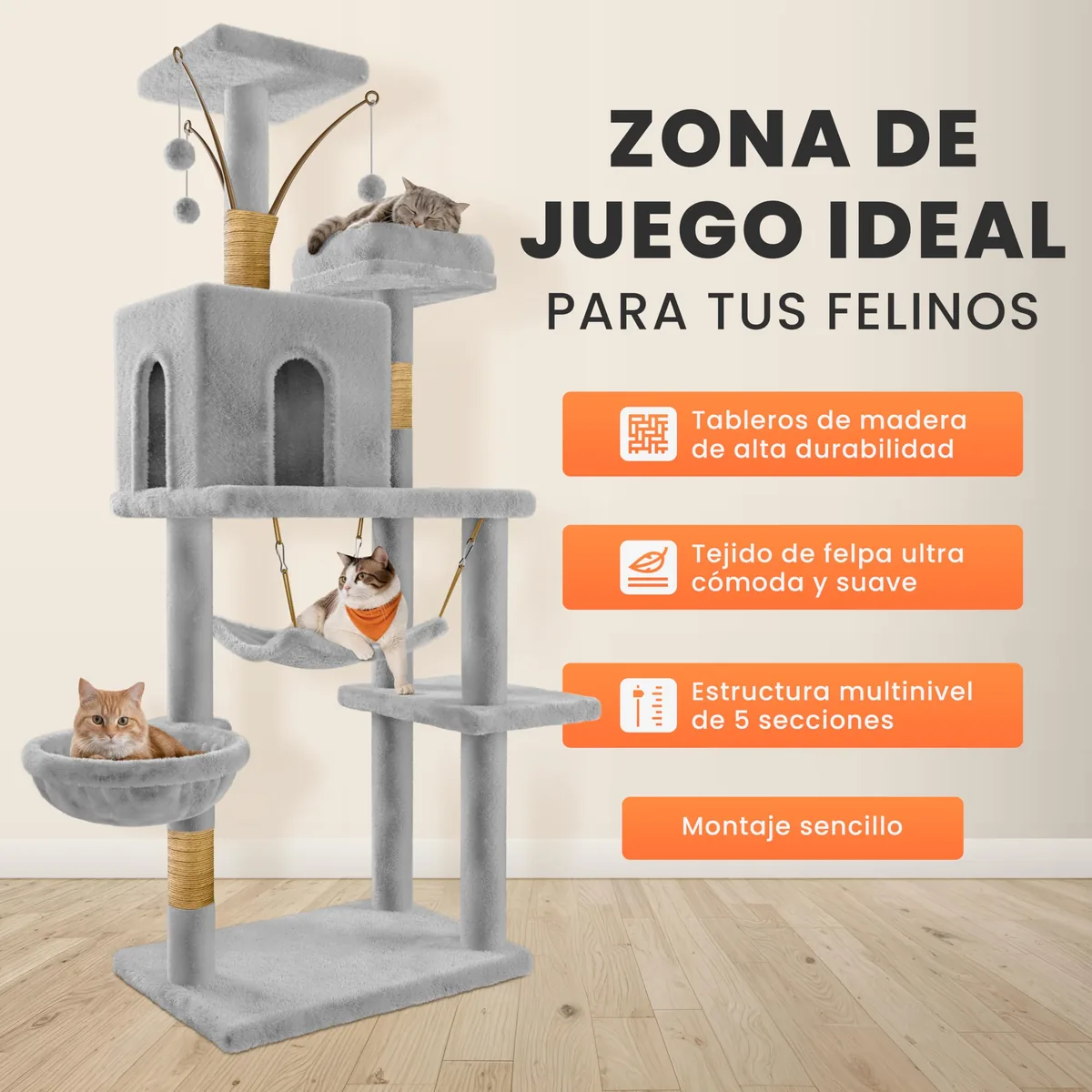 JUPPLIES Árbol rascador 143 cm (5 plataformas, 3 nidos) — imagen 4