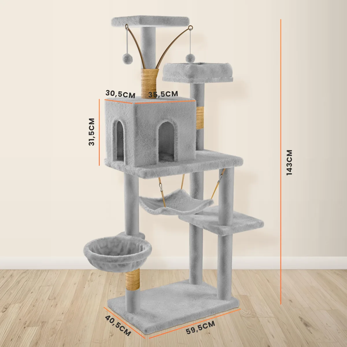 JUPPLIES Árbol rascador 143 cm (5 plataformas, 3 nidos) — imagen 5