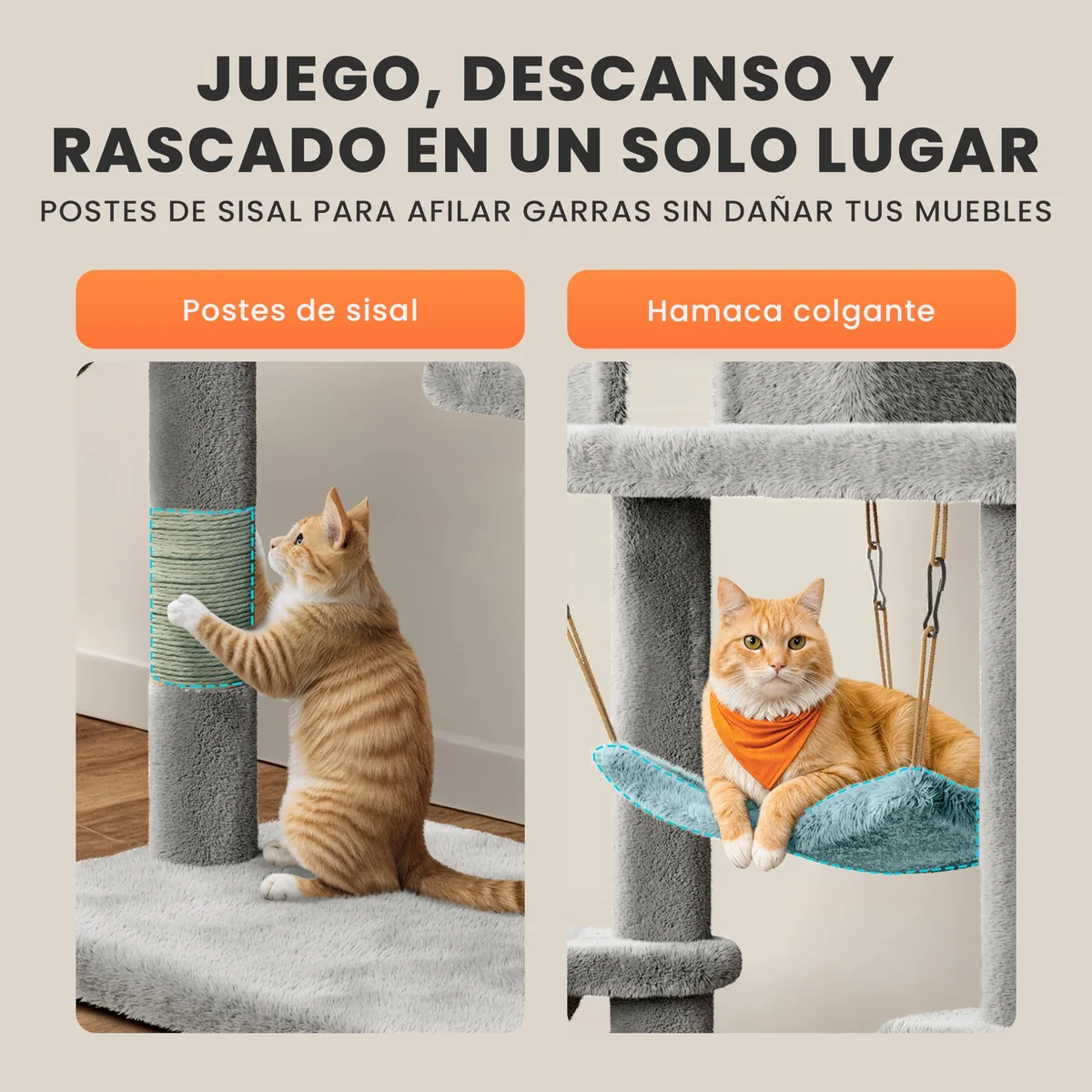 JUPPLIES Árbol rascador 143 cm (5 plataformas, 3 nidos) — imagen 8
