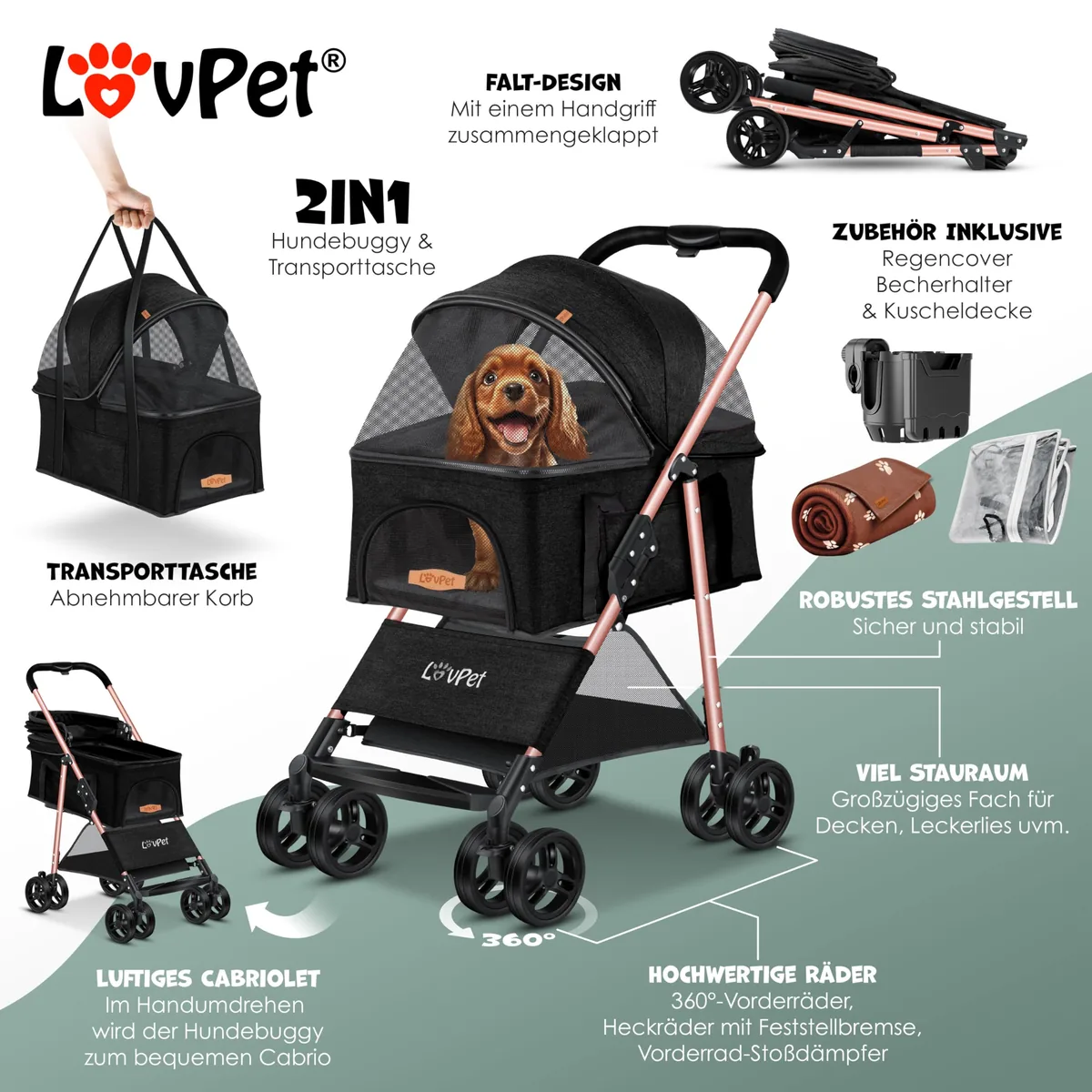 LOVPET Cochecito para perros 2 en 1 hasta 20 kg — imagen 2