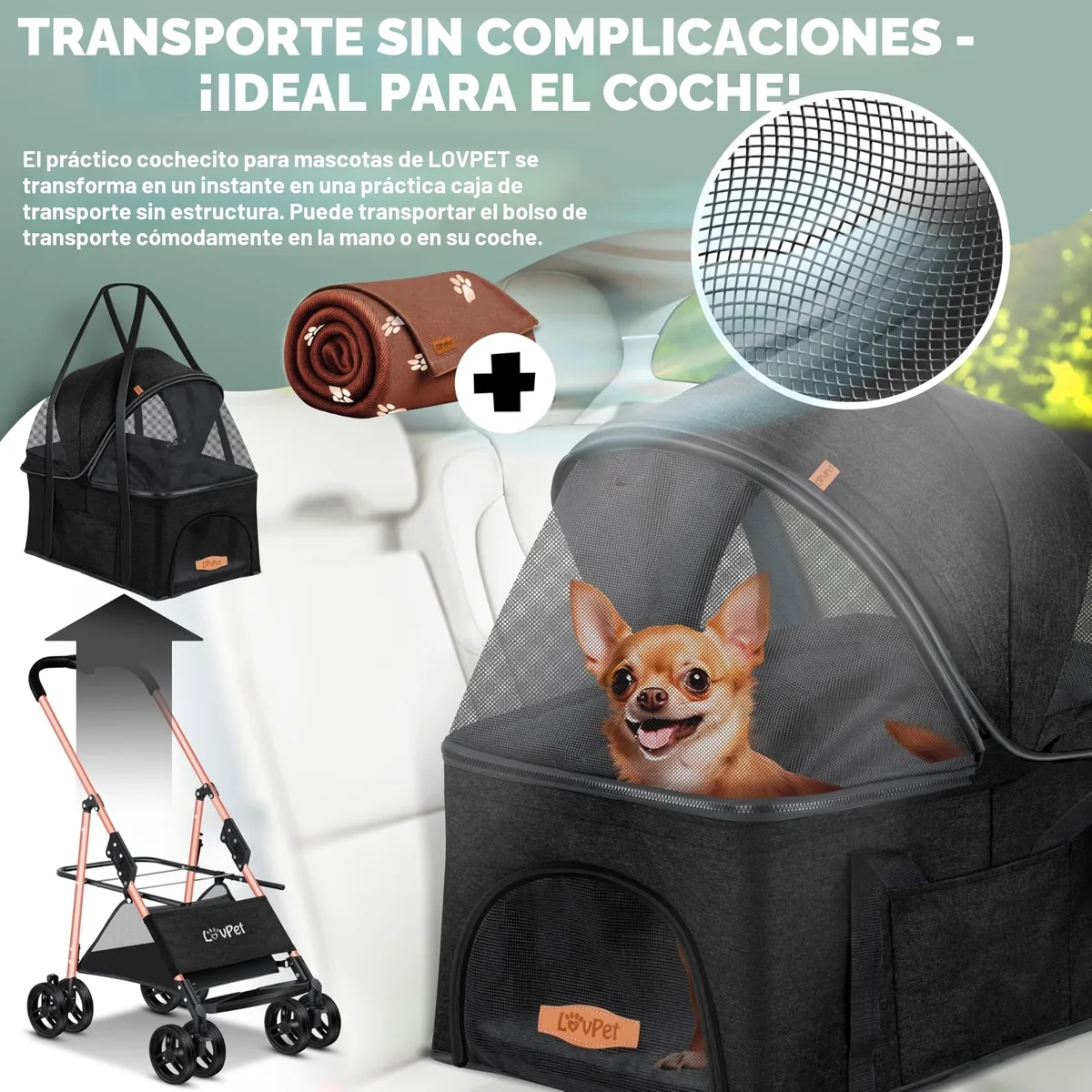 LOVPET Cochecito para perros 2 en 1 hasta 20 kg — imagen 4