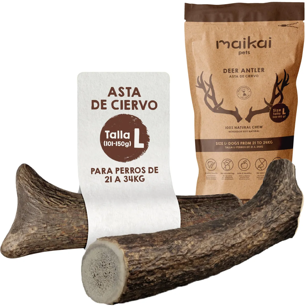 MAIKAI Asta de ciervo natural para morder (pack de 2, talla L)