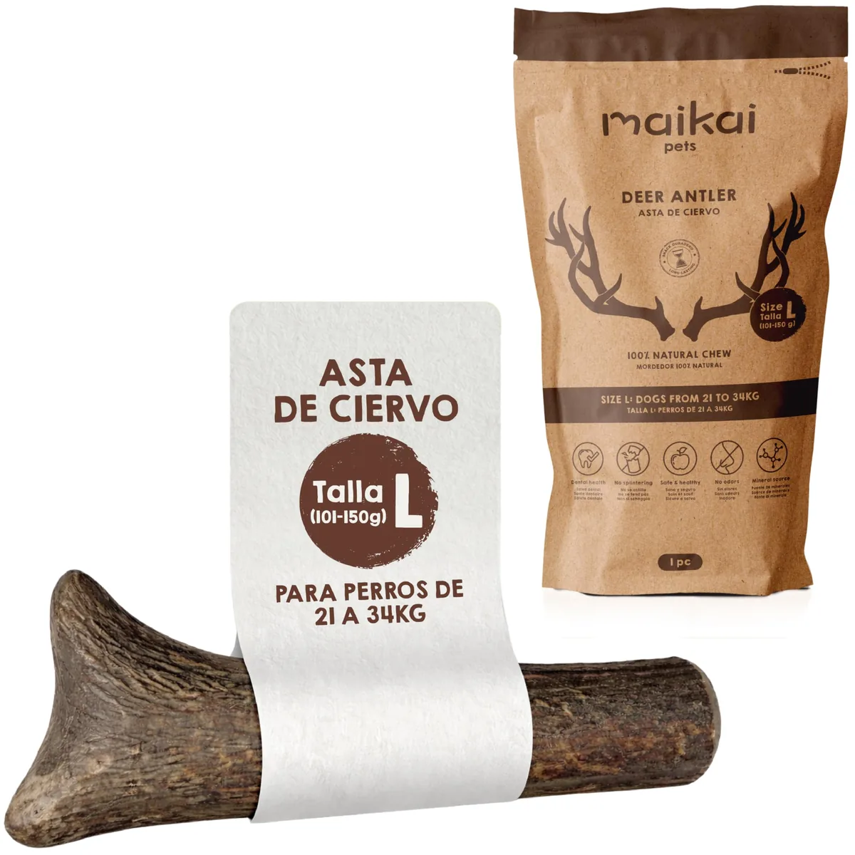 MAIKAI Asta de ciervo natural para morder (pack de 2, talla L) — imagen 8